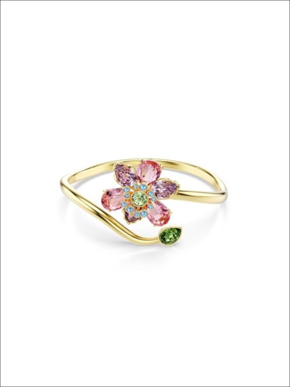 Bangle Bracelet with Flower Motif Gold-Tone Crystal